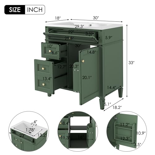 Linique 30" Bathroom Vanity with Sink Combo Set, Solid Wood Frame Modern Bathroom Storage Cabinet with 2 Drawers and a Tip-Out Drawer, Soft Closing Cabinet Door with Organizer, Green Linique