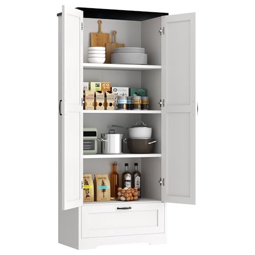 Vongrasig Kitchen Pantry Storage Cabinet with Barn Doors, Drawer and Adjustable Shelves, 4-Tier Tall Rustic Wood Cupboard Locker for Kitchen, Dining Room, Living Room, Bathroom, (White) Vongrasig