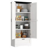 Vongrasig Kitchen Pantry Storage Cabinet with Barn Doors, Drawer and Adjustable Shelves, 4-Tier Tall Rustic Wood Cupboard Locker for Kitchen, Dining Room, Living Room, Bathroom, (White) Vongrasig