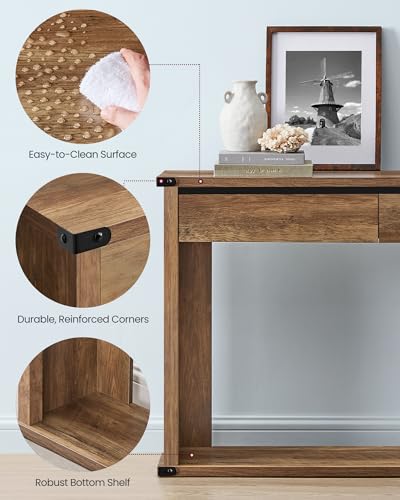 VASAGLE Sofa Console Table, 47.2 Inches Narrow Entryway Table with 3 Drawers, Bottom Shelf, Metal Corners, for Living Room, Bedroom, Farmhouse Style, Honey Brown ULNT143KB01S VASAGLE
