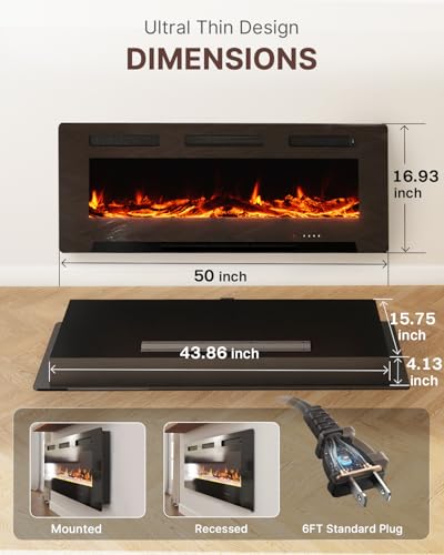 Electric Fireplace 50 Inch with 3 Remotes, Recessed or Wall Mounted Electric Fireplace Insert with 15 Flame Colors & 6 Adjustable Speeds, 1500/750W Linear Fireplace Heater, 12H Timer, Log & Crystal FODINGHILL