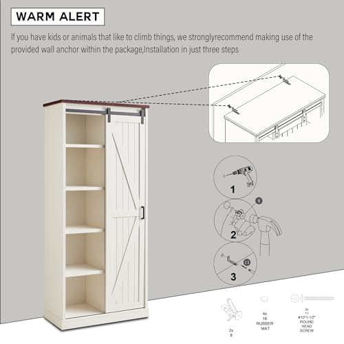 Aitjunz 72” Tall Farmhouse Bookshelf, 32” Wide Large Wooden Bookcase with Sliding Barn Door, 5-Tier Storage Cabinet with Adjustable Shelves, Modern Versatile Cabinet for Living Room, Bedroom, White Aitjunz