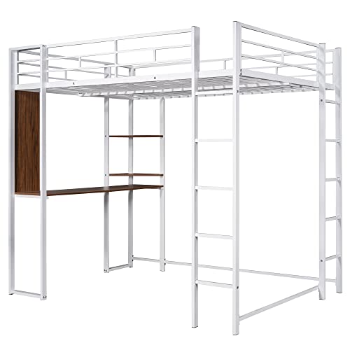 Bellemave Full Size Metal Loft Bed with Desk and Storage Shelves,Heavy Duty Loft Bed Frame with Safety Guardrail for Kids Teens Adults,Space Saving,White Bellemave
