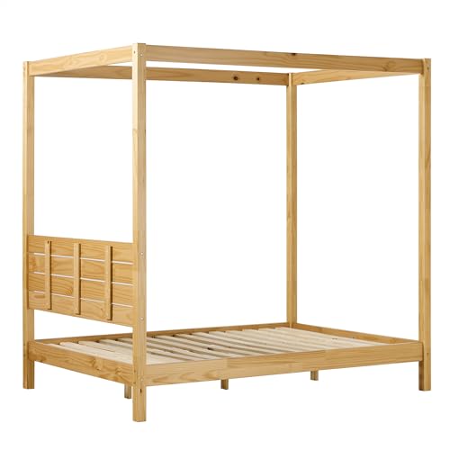 Natural Pine Solid Wood Full Minimalist Canopy Bed - WoodArtSupply