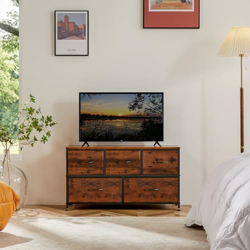 OLIXIS 5 Drawer Dresser Nightstand Classic Rust Brown, Wooden Top Metal Frame Fabric Storage Organizer for Bedroom Living Room Entryway, Wide TV Stand Closet Chest Furniture OLIXIS
