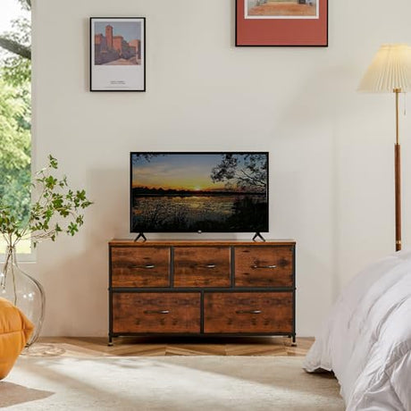 OLIXIS 5 Drawer Dresser Nightstand Classic Rust Brown, Wooden Top Metal Frame Fabric Storage Organizer for Bedroom Living Room Entryway, Wide TV Stand Closet Chest Furniture OLIXIS