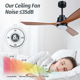 ALUOCYI Wood Ceiling Fan with Light,Energy Saving,Ultra-Quiet DC Motor,3 Blades,6 Speed,Outdoor/Indoor Ceiling Fan for Patio,Deck,Porch,Bedroom,Living Room,Brown Walnut and Black ALUOCYI