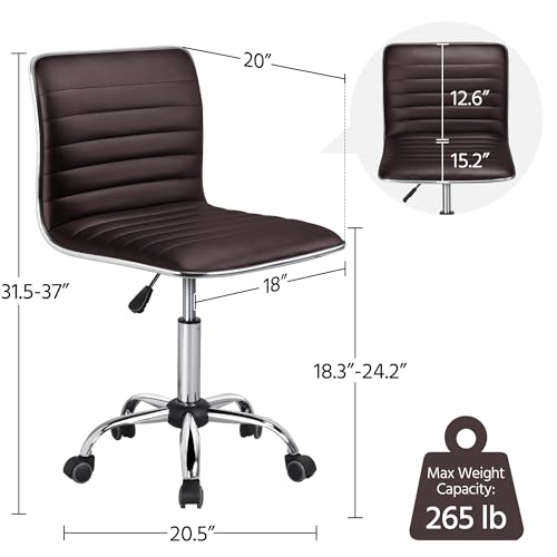 Yaheetech Modern PU Leather Ribbed Armless Working Office Chair Adjustable Low-Back Comfy Desk Task Chair w/Rolling Wheels, Brown Yaheetech
