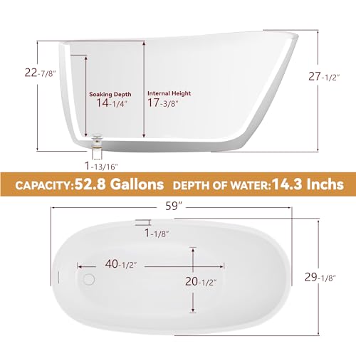 59" Free Standing Tub Freestanding Bathtub, Acrylic Stand Alone Tub, Contemporary Deep Soaking Bath Tub, cUPC Certified SY9950 (Glossy White) SYLONWILL