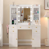 Wodeer Vanity Desk with Mirror and Lights, 43" White Makeup Vanity Set with 5 Drawers & Glass Cabinets, Makeup Tray, Power Outlet & Adjustable LED Lights, Dressing Table for Women & Girls Bedroom Wodeer