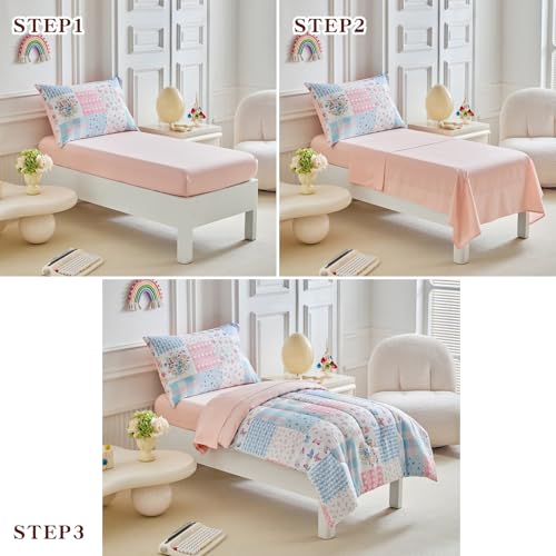 Joyreap 4 Piece Toddler Bedding Set- Pink n Blue Patchwork Design, Microfiber Toddler Bedding Comforter Set for Girls Joyreap