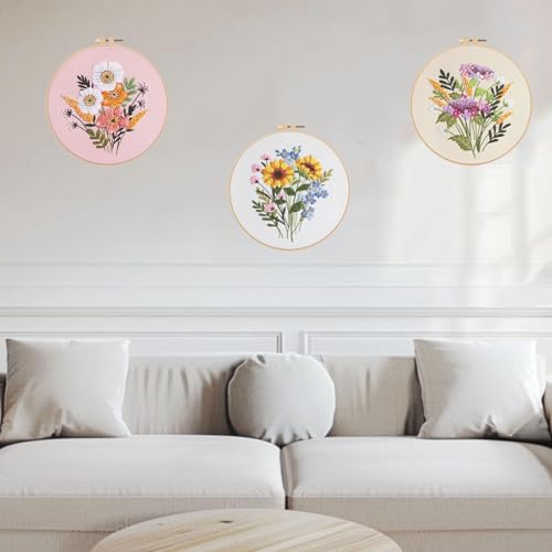 Offizon 3 PCS Embroidery Kit for Beginners - Cross Stitch DIY Craft Set, Flower Embroidery Accessories & Hoop Included, Hand Embroidery Kit for Adults Stitching Sewing Kit Gift | FlowerB Patterns