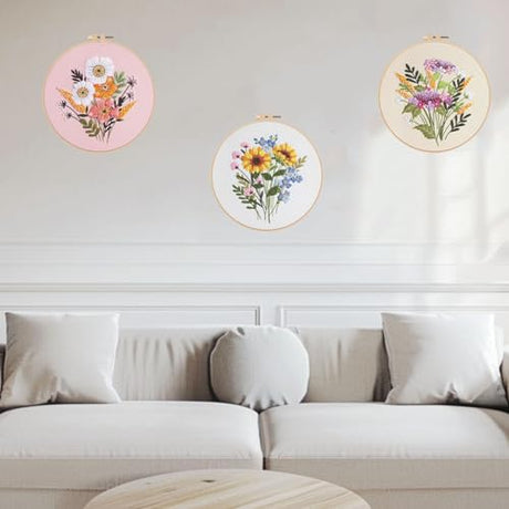 Offizon 3 PCS Embroidery Kit for Beginners - Cross Stitch DIY Craft Set, Flower Embroidery Accessories & Hoop Included, Hand Embroidery Kit for Adults Stitching Sewing Kit Gift | FlowerB Patterns Offizon