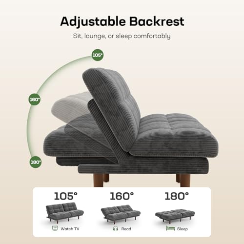 Marsail 65" Futon Sofa Bed, Convertible Small Recliner Sleeper Sofa Bed with Adjustable Backrest, Corduroy Loveseat Futon Couch for Small Apartments, Living Room Office, Guest Room (Grey) Marsail