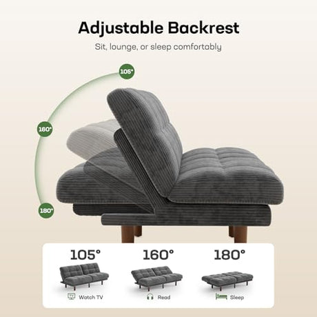 Marsail 65" Futon Sofa Bed, Convertible Small Recliner Sleeper Sofa Bed with Adjustable Backrest, Corduroy Loveseat Futon Couch for Small Apartments, Living Room Office, Guest Room (Grey) Marsail