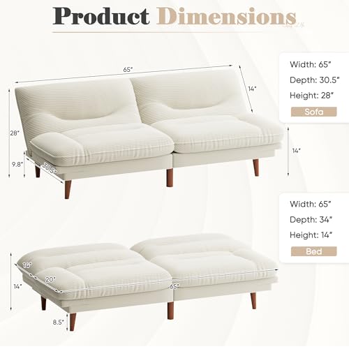 Homall Futon Sofa Bed, Modern Loveseat Futon Couch with Adjustable Backrest and Armrests, Sleeper Sofa Bed with Wood Frame for Living Room, Office, Apartment (Corduroy, White) Homall