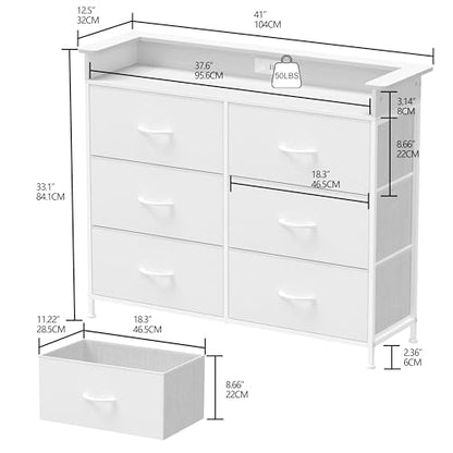 Welfuturer White Dresser for Bedroom with Charing Station and LED Light 6 Drawer Dresser with PU Finish Fabric Chest of Drawers for Closet Living Room Hallway Sturdy Steel Frame Double Wooden Tabletop