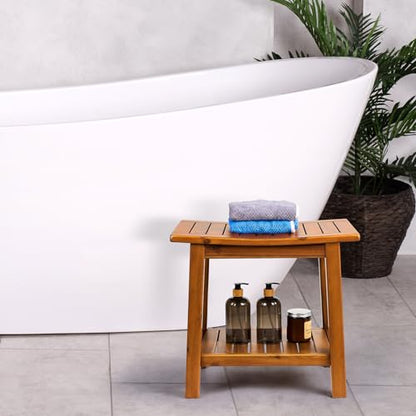 Upolana Teak Shower Bench, 20" Solid Wood Shower Stool Waterproof Shower Seat with Storage Shelf for Bathroom, Indoor & Outdoor Use - WoodArtSupply