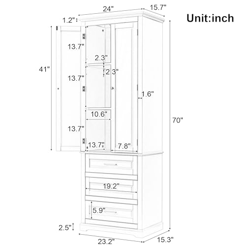 62.2" Wide Storage Cabinet Pantry Cupboard with Doors and Drawers for Home Kitchen, Bathroom and Living Room, Adjustable Shelf, White Merax