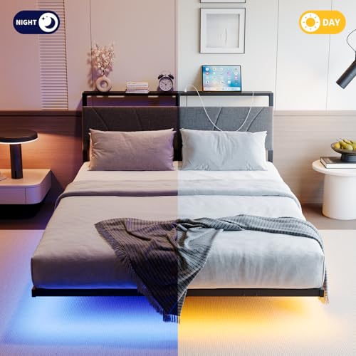 HOJINLINERO Floating Queen Bed Frame with Headboard&Storage Shelf,Ergonomic Queen Size Bed Frame with USB Charging& LED Lights,Platform Bed Frame Noise-Free Metal Slats | Modern Bedroom Design HOJINLINERO