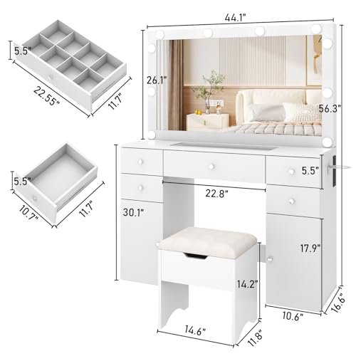 Vanity Desk with Lighted Mirror & Power Outlet, Makeup Vanity Table with 5 Drawers & 2 Cabinets, Large Vanity Set with Stool, Glass Top, Sliding Jewelry Storage Shelves, for Women Girls, White chartustriable