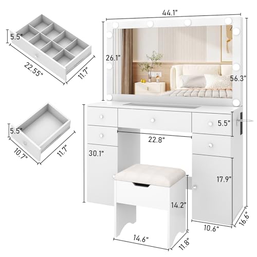 Vanity Desk with Lighted Mirror & Power Outlet, Makeup Vanity Table with 5 Drawers & 2 Cabinets, Large Vanity Set with Stool, Glass Top, Sliding Jewelry Storage Shelves, for Women Girls, Whit - WoodArtSupply