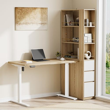 ModernMate Electric Standing Desk with 3-Drawer Bookcase, Adjustable Height Executive Desk, Home Office Workstation with A Engineered Wood 1.18" Solid Desktop, 71'' Corner Bookshelf, White Walnut ModernMate