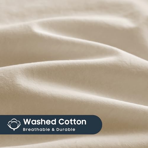 Wake In Cloud - Cotton Duvet Cover Set, Queen Size, Khaki Linen Color, 100% Washed Cotton, Linen Like Textured, Breathable Percale Durable Comfy Farmhouse Neutral Bedding Set, 3 Pieces Wake In Cloud
