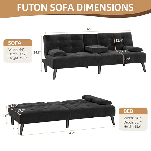 Shintenchi Futon Sofa Bed, Velvet Foldable Couch, Reclining Sleeper with Removable Armrests, Upholstered Loveseat Sofa Couch with Folding Cup Holders for Home, Office(Black) Shintenchi