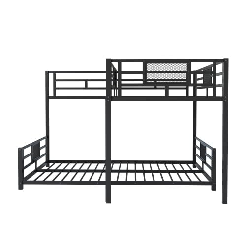 MERITLINE L-Shaped Metal Bunk Bed with Guardrails, Twin Over Full Bunk Bed Frame for Teens, Black MERITLINE