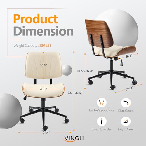 VINGLI Wide Curved Seat&Back Armless Home Office Chair,Ergoromic Adjustable-Height Desk Chair,Swivel&Tilting Function,Stylish Walnut Task Chair for Meeing Room,Dining Room,PU,Khaki VINGLI
