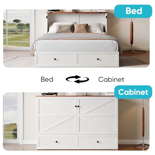 CECER Full Size Murphy Bed with Tri-Folding Mattress，Murphy Bed Full with Large Storage Drawer and Charging Station for Small Spaces/Bedroom（White） CECER