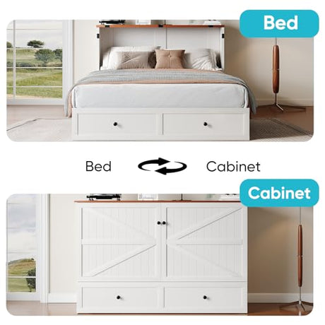 CECER Queen Size Murphy Bed with Tri-Folding Mattress，Murphy Bed with Charging Station and Two Large Storage Drawers for Small Spaces/Bedroom（White） CECER