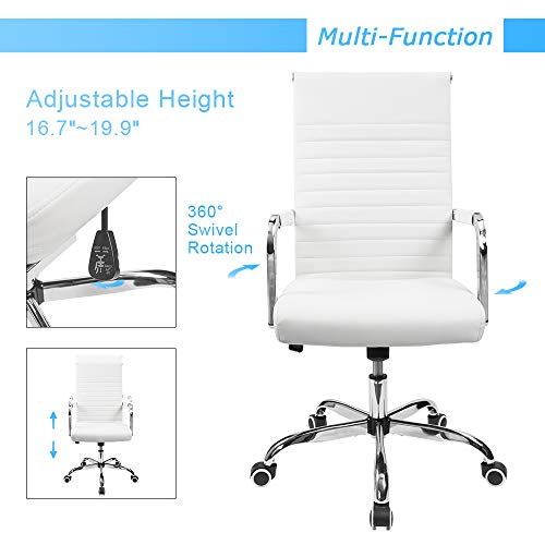 Furmax Ribbed Office Desk Chair Mid-Back PU Leather Executive Conference Task Chair Adjustable Swivel Chair with Arms (White) Furmax