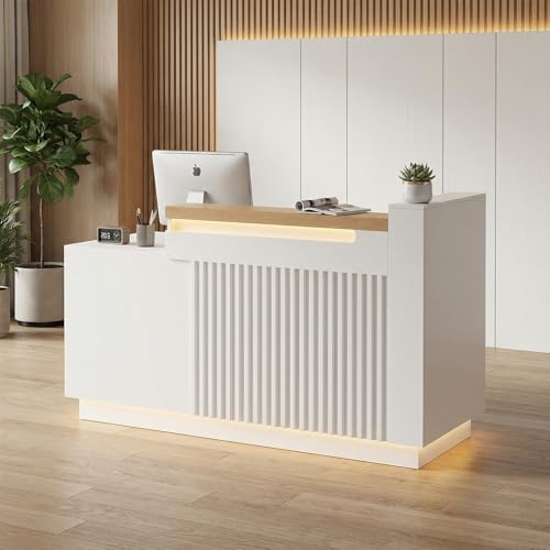 63" L-Shaped Front Desk with Built-in Outlets, Modern Reception Desk with LED Lights & Counter, White Checkout Counter with Lockable Drawers and Storage Shelves for Office, Salon, Retail and Lobby