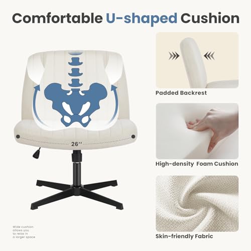 DUMOS Criss Cross Chair No Wheels Wide Cross Legged Office Desk Vanity Chair Comfy Fabric Armless Adjustable Swivel for Home Computer Task (Beige) DUMOS
