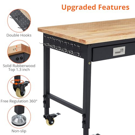 ACONEE 48" Adjustable Workbench, Heavy Duty Workstation with Drawer Storage, 2000LB Load Capacity, Rubber Wood Shop Table Workstation with Power Outlets & Rolling Wheels, Workbench for Workshop Garage ACONEE