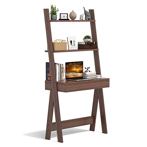 Tangkula Walnut Ladder Desk with 2-Tier Bookshelf and Drawer for Modern Storage Solutions - WoodArtSupply