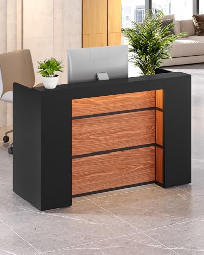 LITTLE TREE 63 Inches Reception Desk, Modern Reception Table with LED Light, Front Counter Desk, Wooden Checkout Counter for Lobbies, Salons, Retail, Home Offices, Reception Room, Black & Brown LITTLE TREE