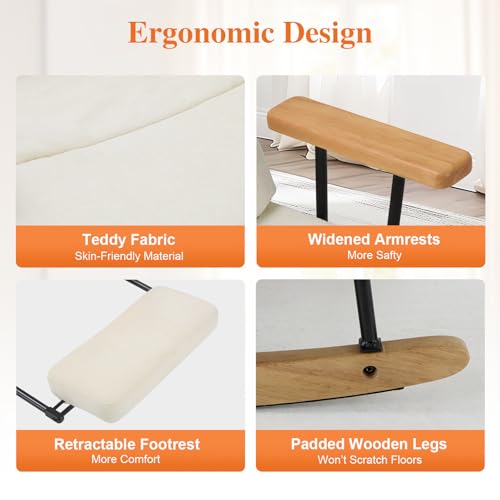 Rocking Chair with Footrest-Glider Rocker Chair with Retractable Footrest and Adjustable Backrest, Teddy Upholstered Rocking Chair, Modern Accent Chair for Living Room/Nursery/Bedroom/Outdoor-Beige COLAMY