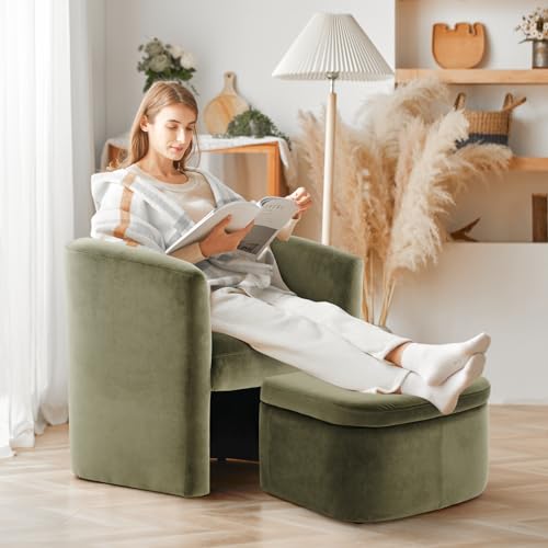 COLAMY Upholstered Velvet Barrel Accent Chair with Storage Ottoman, Morden Living Room Chair with Lounge Seat for Bedroom/Reading Spaces, Green COLAMY