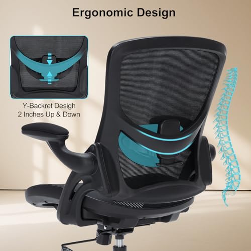 Office Chair, Ergonomic Desk Chair with Adjustable Lumbar Support, Comfy Breathable Mesh Chair with Wheels and Flip-Up Armrests, Executive Chairs for Home Office Comfortable Chair with Rolling Swivel SOERGO