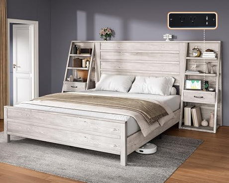 LUXOAK Full Bed Frame with Bookcase Headboard & 4-Tier Bedside Shelf, Farmhouse Platform Bed with Charging Station and 2 Drawers, Noise-Free, No Box Spring Needed, Rustic White LUXOAK