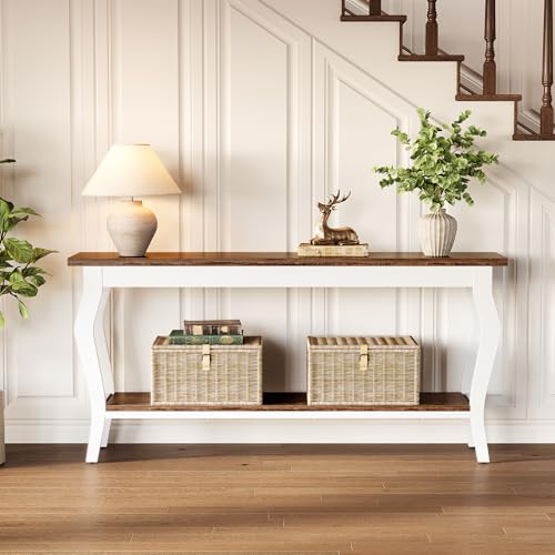 LITTLE TREE 70.9 Inches Long Console Table, 2-Tier Vintage Wooden Sofa Table Behind The Couch with Metal Legs for Hallway, Entryway, Living Room, Brown & White LITTLE TREE