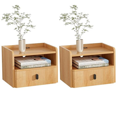 GENGKHAN Floating Nightstand Set of 2, Modern Wall Mount Bedside Table with Drawer & Open Shelf, Space-Saving Night Stands with Charging Station, Natural Wood Finish for Bedroom GENGKHAN
