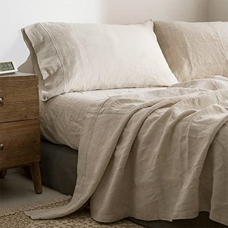 Simple&Opulence 100% Linen Sheet Set with Embroidery Washed - 3 Pieces (1 Flat Sheet & 1 Fitted Sheet & 1 Pillowcase) Natural Flax Soft Bedding Breathable Farmhouse - Linen, Twin Size Simple&Opulence