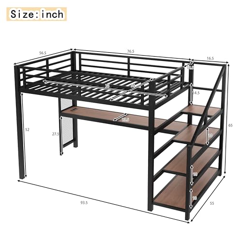 Bellemave Full Loft Bed with Desk & Storage Stairs, Metal Full Size Loft Bed Frame with Iron Nets, LED Lights & USB Ports, Heavy Duty Adult LoftBed for Bedroom, Noise-Free, Black Bellemave