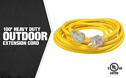 Woods 02689 Southwire Extra Heavy Duty Extension, 100Ft, 10 Gauge, 3 Conductor, Outdoor Cord, Lighted End, SJTW, Yellow, 100 Feet Woods