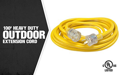 Woods 02689 Southwire Extra Heavy Duty Extension, 100Ft, 10 Gauge, 3 Conductor, Outdoor Cord, Lighted End, SJTW, Yellow, 100 Feet - WoodArtSupply