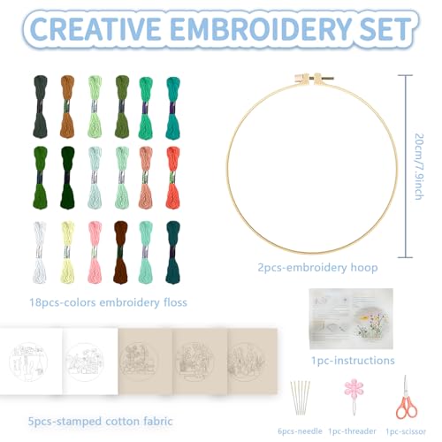 FREEBLOSS 5 Pack Embroidery Kit for Beginners Tropical Potted Plants Stamped Embroidery Starter Kit with Instruction Cross Stitch Needlepoint Kits for Crafts Adults with 2 Hoops 20cm/7.9inch